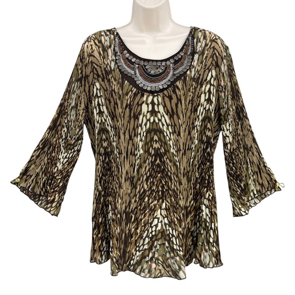 Signature Larry Levine Beaded‎ Blouse Statement Accordian Boho Ditzy Top Size 1X - Picture 1 of 11